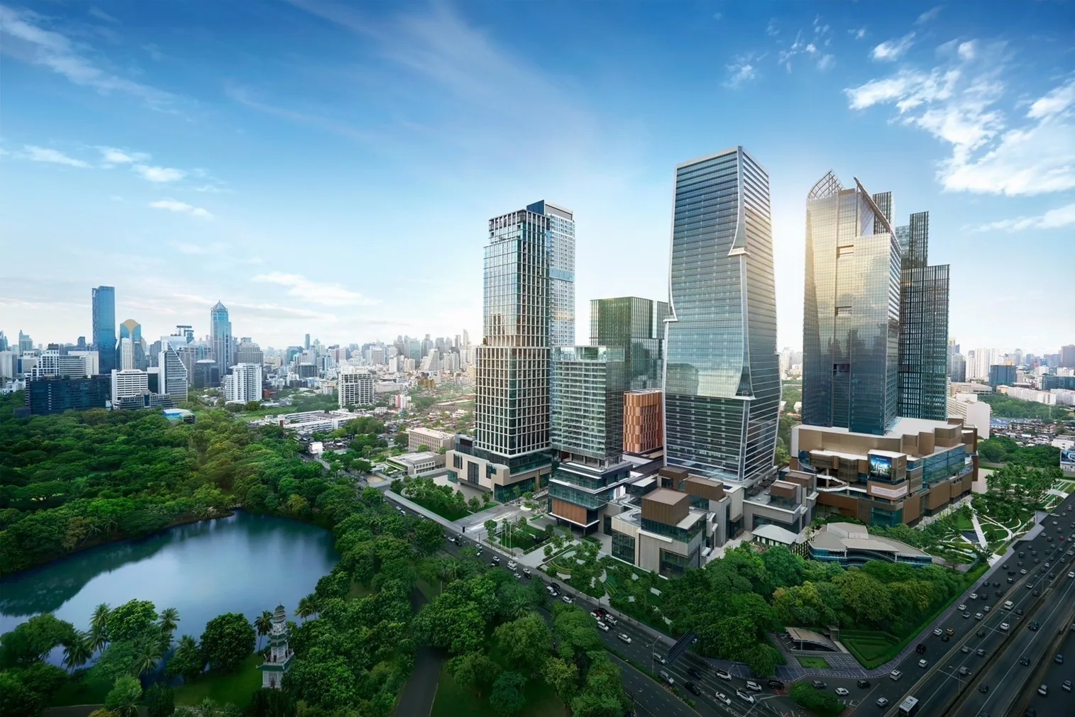 Aerial view of central Bangkok with Lumpini Park and high-rise office towers